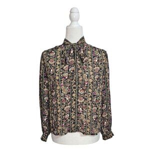 Schrader Sport Petites vintage ascot black floral long sleeve  top size 8